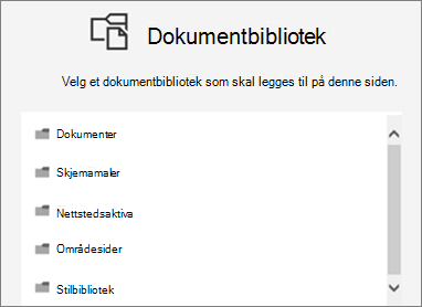 Velg et dokumentbibliotek som skal plasseres på en side