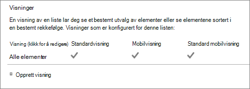 Listevisningsdel i Listeinnstillinger
