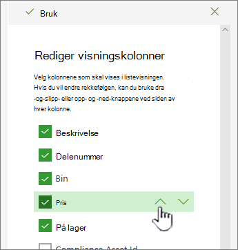 Bruk pil opp eller pil ned, eller dra og slipp kolonneplassering
