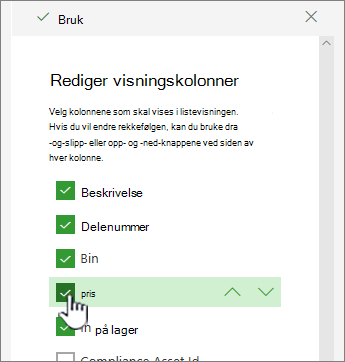 Merk av eller fjern merket for kolonner for å vise eller skjule