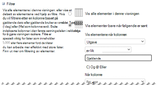 Under Rediger innstillinger definerer du filtrene du vil bruke for visningen.