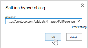 Hyperkobling-dialogboks med nettadressen og OK-knappen uthevet