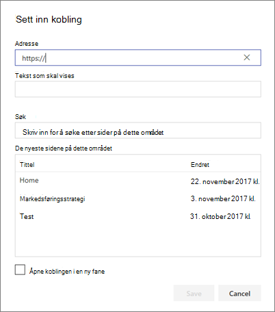 Dialogboksen Sett inn kobling