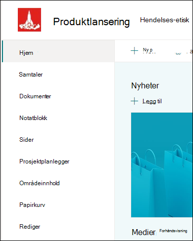 Menyen til venstre i SharePoint-gruppeområde