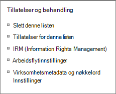 Koblinger til listetillatelser og administrasjonsinnstillinger