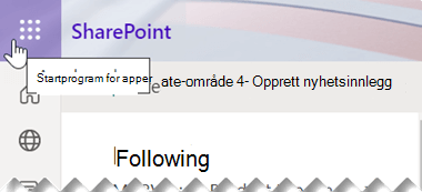 Symbolet for appskuffen består av ni små firkantede prikker, plassert nær øvre høyre hjørne av SharePoint-appvinduet.