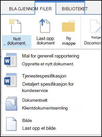 Menyen Nytt dokument med tilpassede innholdstyper i SharePoint