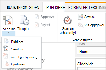 Knappene Send inn, Publiser på Publiser-fanen i redigeringsmodus.