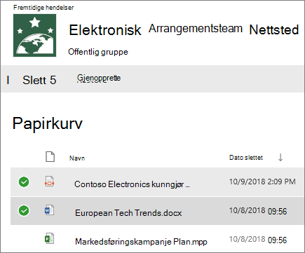 Velg ett eller flere elementer du vil gjenopprette