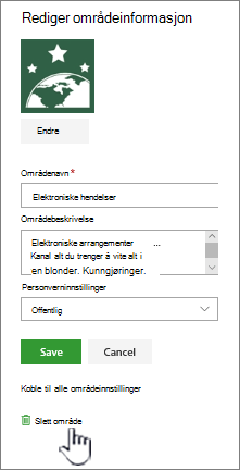 Slett områdeplassering for SharePoint-gruppeområde