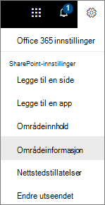 Innstillinger-menyen med områdeinformasjon valgt