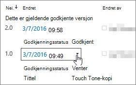 Rullegardinmeny for versjon i dialogboks