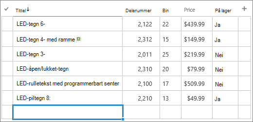 Hurtigredigeringsskjema for en liste