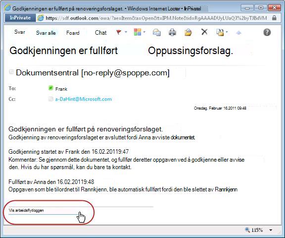 Melding om fullført arbeidsflyt med loggkobling uthevet