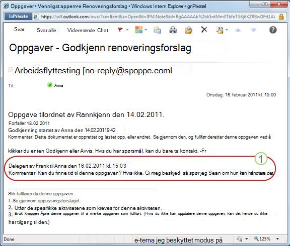 Oppgavevarsel for overført oppgave
