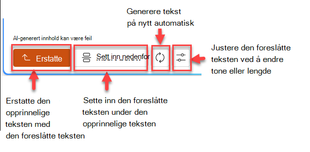 Skjermbilde av foreslått tekstrute med fire knapper av: erstatt, sett inn nedenfor, regenerer og juster.