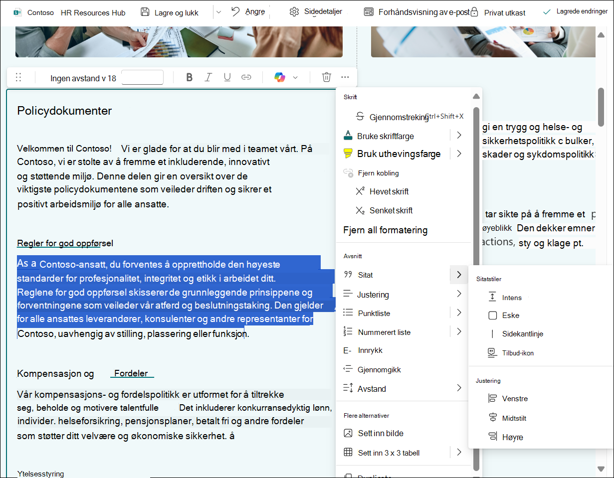 Skjermbilde av redigering av teksttabell