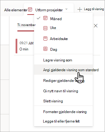 Skjermbilde som viser hvordan du velger kommandoen Angi gjeldende visning som standard i Lister.