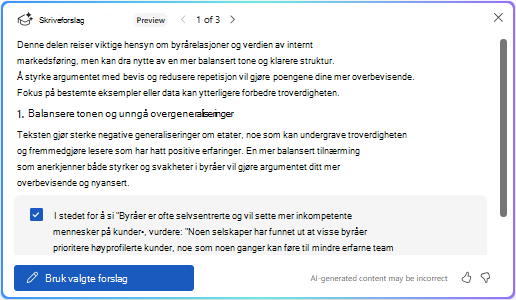 Bruk alternativet Valgte forslag i Copilot i Word