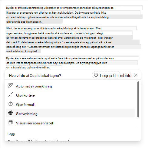 Alternativ for å skrive forslag i Copilot i Word