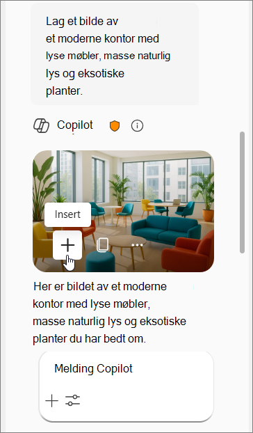 Viser en Copilot-ledetekst for et bilde av et moderne kontor med fargede møbler, naturlig lys og fargerike planter, etterfulgt av fire bilder.