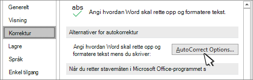 Knappen Alternativer for autokorrektur i dialogboksen Korrektur
