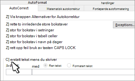 Fortløpende endringer i avmerkingsboksen på Autokorrektur-fanen