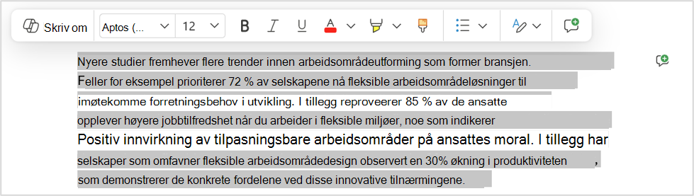 Omskrivingsalternativ for hurtigendring av et bestemt avsnitt.