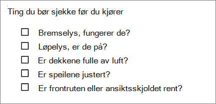 Eksempel på en punktliste med bokser.