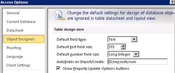 Innstillinger for tabellutforming i Alternativer for Access