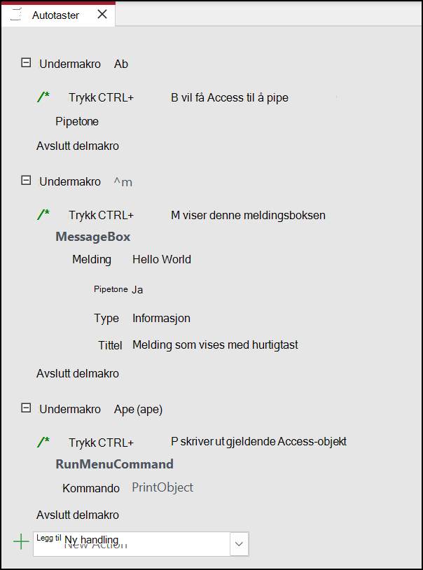 Tre undermakroer i en Access-makro kalt AutoKeys