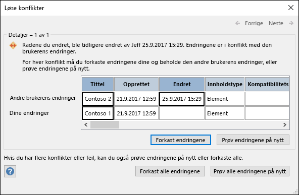 Bruk alternativene som er tilgjengelige i dialogboksen Løs konflikter til å løse datakonflikter.