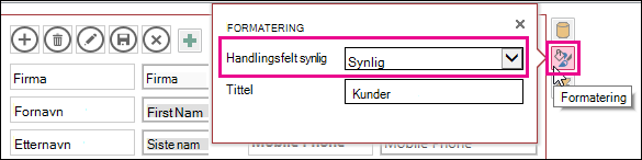 Egenskapen Handlingsfelt synlig på Formatering-menyen
