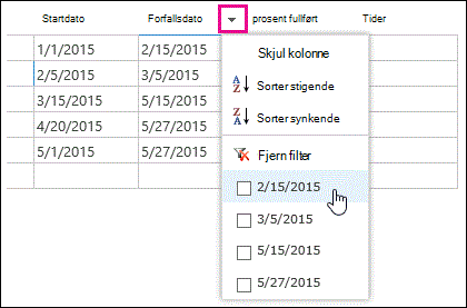 Bruke et filter på Forfallsdato-feltet i et dataark.