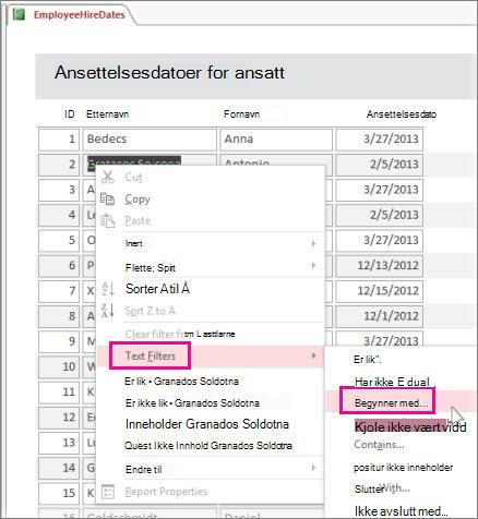 Bruke et filter i en rapport ved å høyreklikke en verdi i rapportvisning.