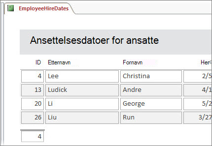En ansattrapport filtrert ned til ansatte som har etternavn som begynner med L.