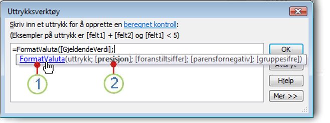 Hurtiginformasjonsvisning for en funksjon.