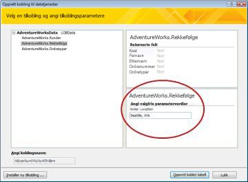 Parameter for datatilkobling for webtjeneste