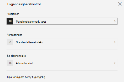 Ruten Tilgjengelighetskontroll viser problemer med alternativ tekst i Sway.
