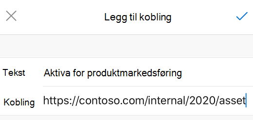 Dialogboksen Legg til kobling i Outlook for iOS.