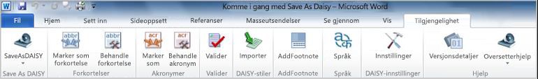 Save as DAISY på Tilgjengelighet-fanen på båndet