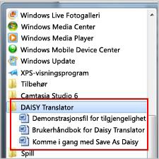 Start-menyen med DAISY-filer etter installasjon