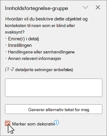 Bilde merket som dekorativt i Alternativ tekst-ruten.