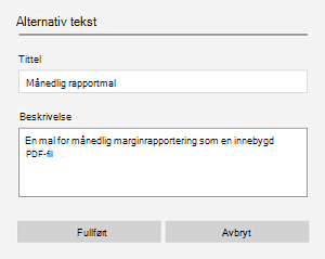 Et eksempel på en alternativ tekst for en innebygd fil i OneNote for Windows 10.