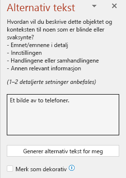 Alternativ tekst-ruten som viser et eksempel på en ugyldig alternativ tekst.