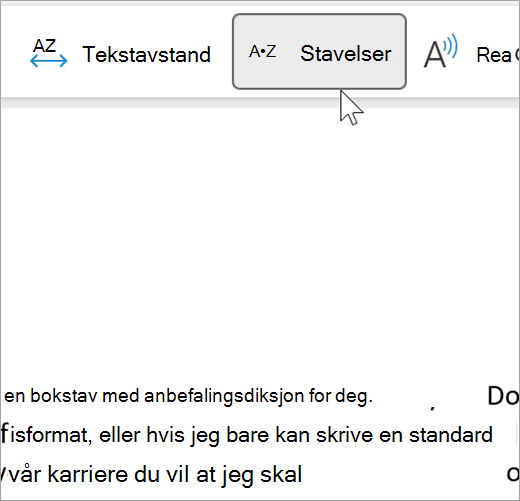 Skjermbilde av Stavelse-funksjonen for engasjerende leser valgt og viser et par ord i en e-postmelding atskilt i stavelser. ordet anbefaling vises som rec dot om dot men dot da dot tion