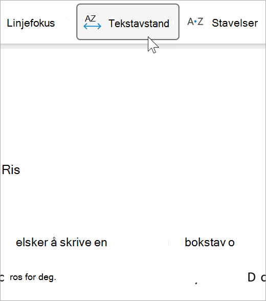 Skjermbilde av alternativet for tekstavstand for engasjerende leser. Det er større avstand mellom bokstaver og mellom ord