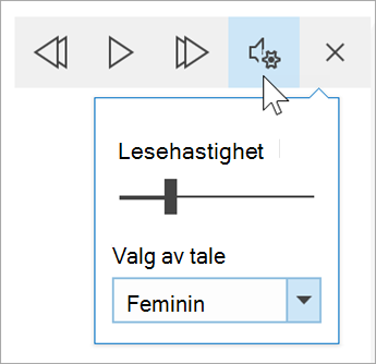 skjermbilde av verktøylinjen for talealternativer for Engasjerende leser. Musen holdes over innstillingene og viser en veksleknapp for lesehastighet og rullegardinliste for talevalg