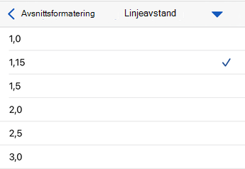 Alternativer for linjeavstand i Word for iOS.
