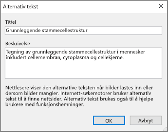Skjermbilde av dialogboksen Alternativ tekst i OneNote med eksempeltekst i feltene Tittel og Beskrivelse.